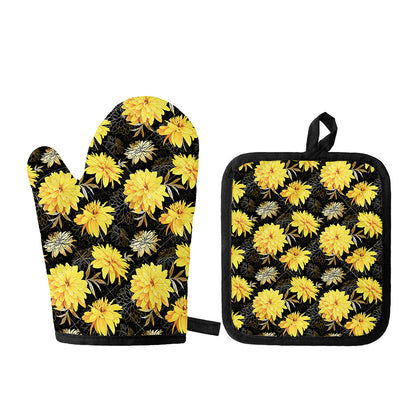 Gold And Yellow Floral Print Oven Mitt And Pot Holder Set