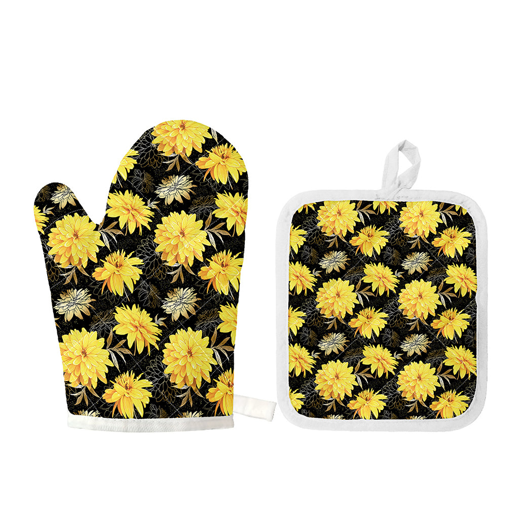 Gold And Yellow Floral Print Oven Mitt And Pot Holder Set