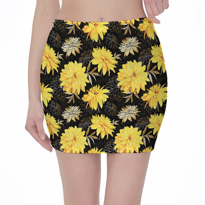 Gold And Yellow Floral Print Pencil Mini Skirt