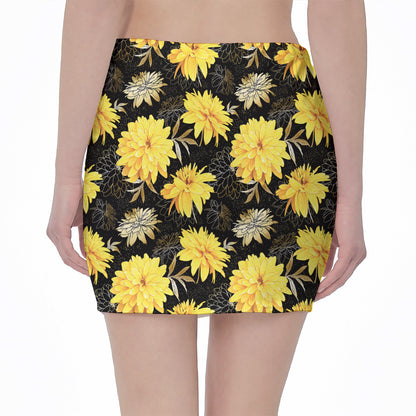 Gold And Yellow Floral Print Pencil Mini Skirt