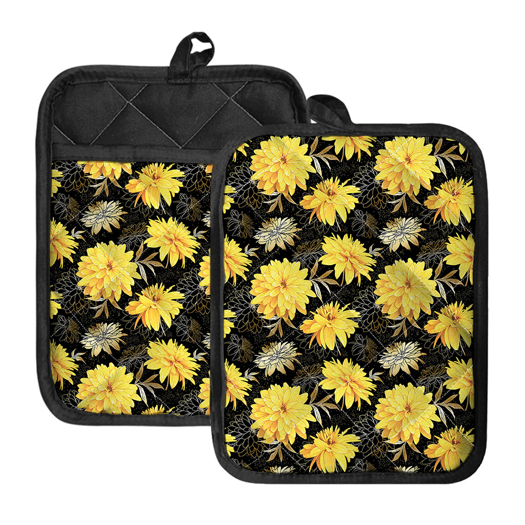 Gold And Yellow Floral Print Pot Holders With Pocket