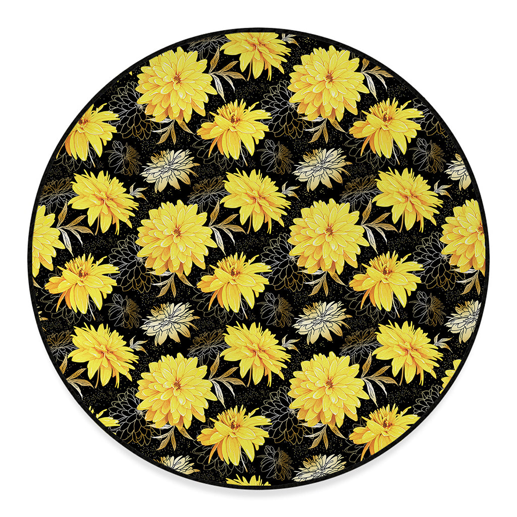 Gold And Yellow Floral Print Round Floor Mat