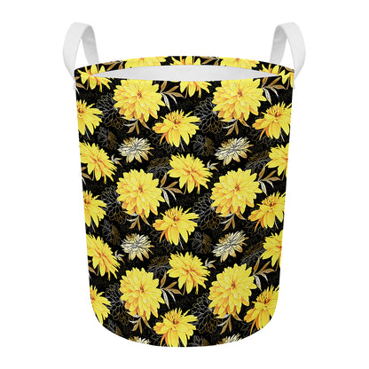 Gold And Yellow Floral Print Round Laundry Basket