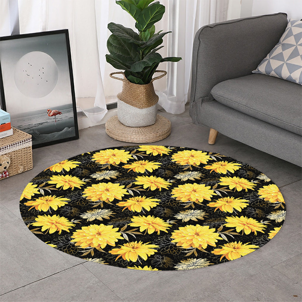 Gold And Yellow Floral Print Round Rug