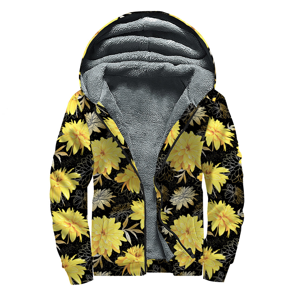Gold And Yellow Floral Print Sherpa Lined Zip Up Hoodie