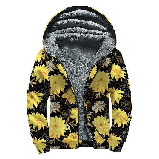 Gold And Yellow Floral Print Sherpa Lined Zip Up Hoodie