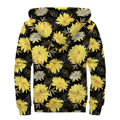 Gold And Yellow Floral Print Sherpa Lined Zip Up Hoodie