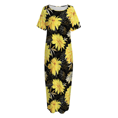 Gold And Yellow Floral Print Short Sleeve Long Nightdress