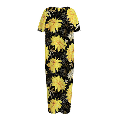 Gold And Yellow Floral Print Short Sleeve Long Nightdress