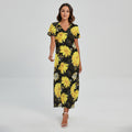 Gold And Yellow Floral Print Short Sleeve Maxi Dress