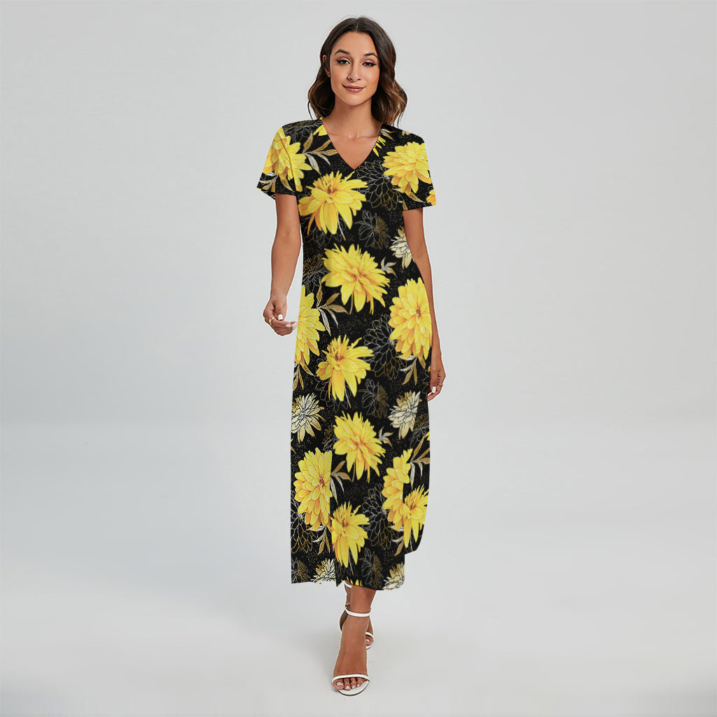 Gold And Yellow Floral Print Short Sleeve Maxi Dress