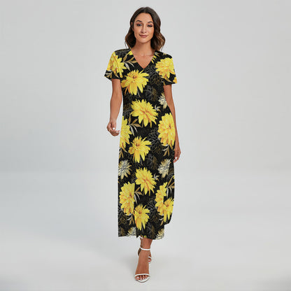 Gold And Yellow Floral Print Short Sleeve Maxi Dress
