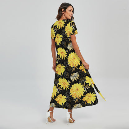 Gold And Yellow Floral Print Short Sleeve Maxi Dress
