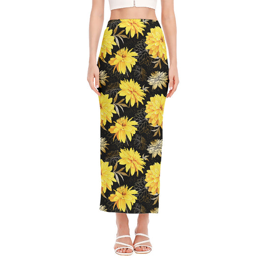 Gold And Yellow Floral Print Side Slit Maxi Skirt