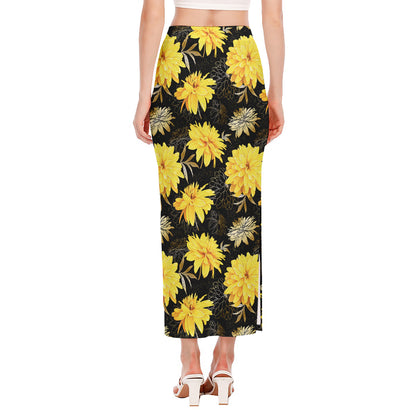 Gold And Yellow Floral Print Side Slit Maxi Skirt