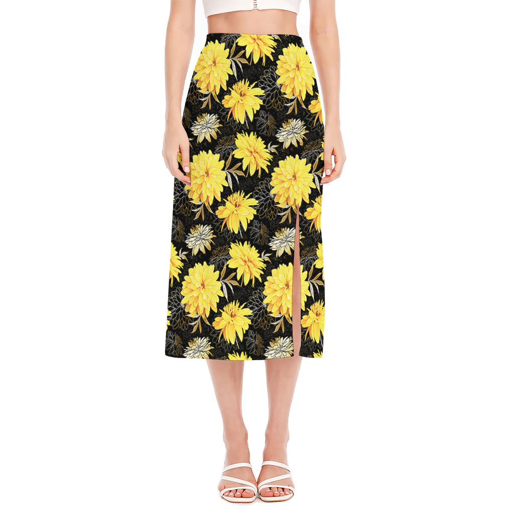 Gold And Yellow Floral Print Side Slit Midi Skirt