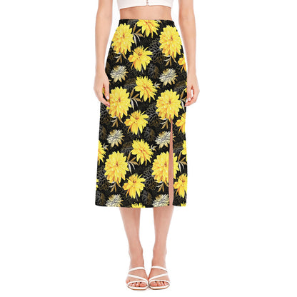 Gold And Yellow Floral Print Side Slit Midi Skirt