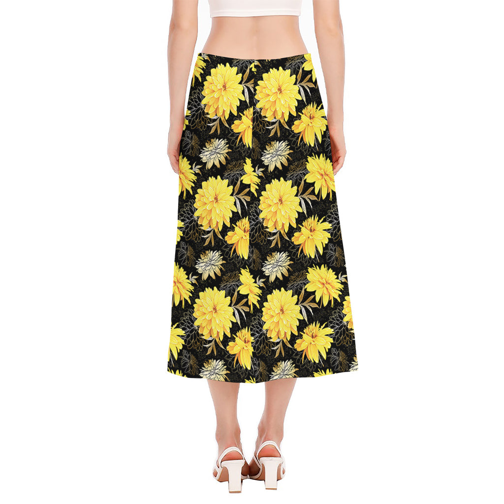 Gold And Yellow Floral Print Side Slit Midi Skirt
