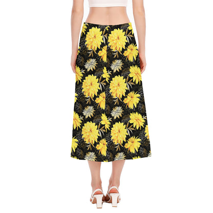 Gold And Yellow Floral Print Side Slit Midi Skirt