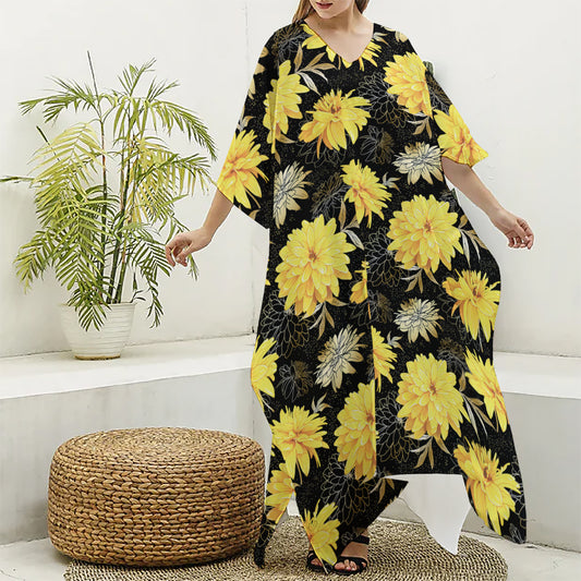 Gold And Yellow Floral Print Silk V-Neck Kaftan Dress