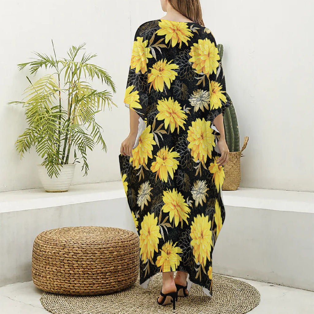 Gold And Yellow Floral Print Silk V-Neck Kaftan Dress