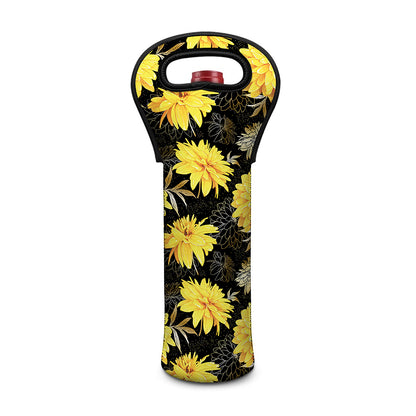 Gold And Yellow Floral Print Single Neoprene Wine Tote