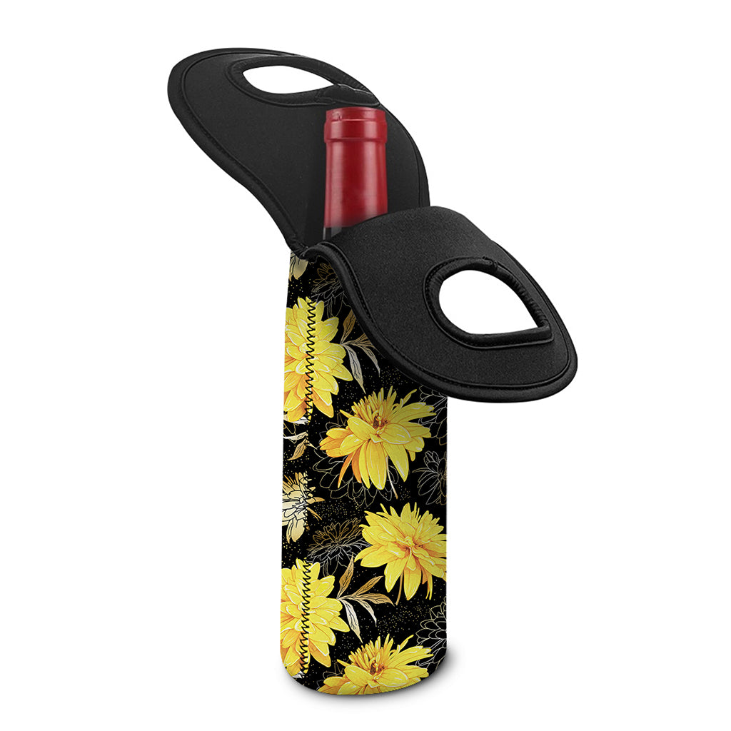 Gold And Yellow Floral Print Single Neoprene Wine Tote