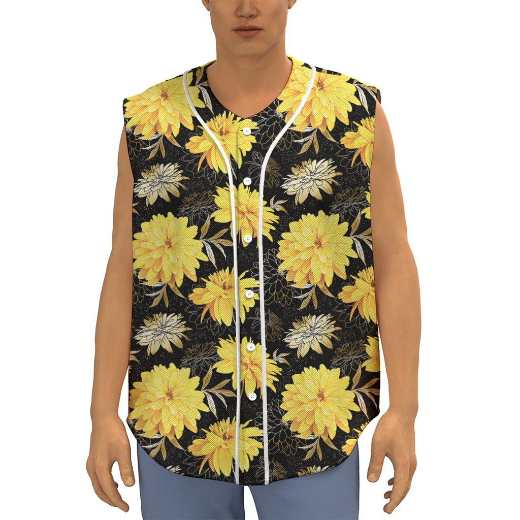 Gold And Yellow Floral Print Sleeveless Baseball Jersey
