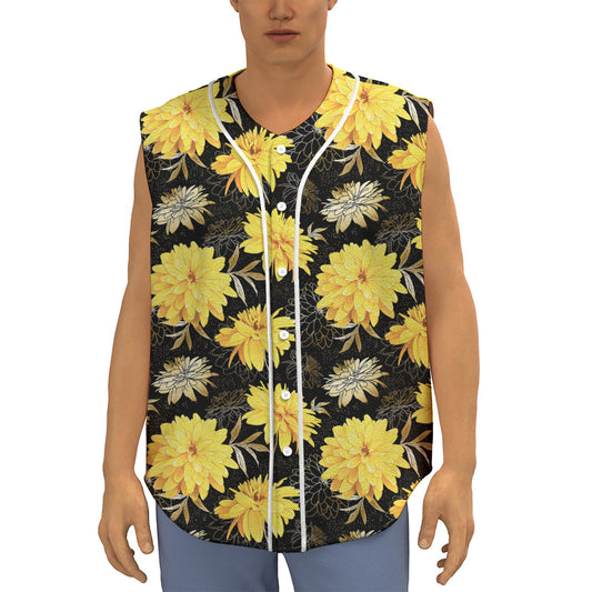 Gold And Yellow Floral Print Sleeveless Baseball Jersey