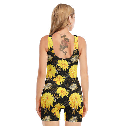 Gold And Yellow Floral Print Sleeveless One Piece Swimsuit