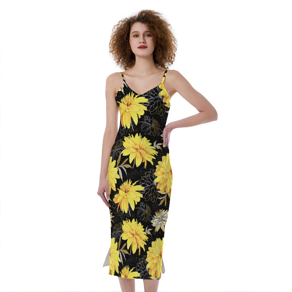 Gold And Yellow Floral Print Slim Fit Midi Cami Dress