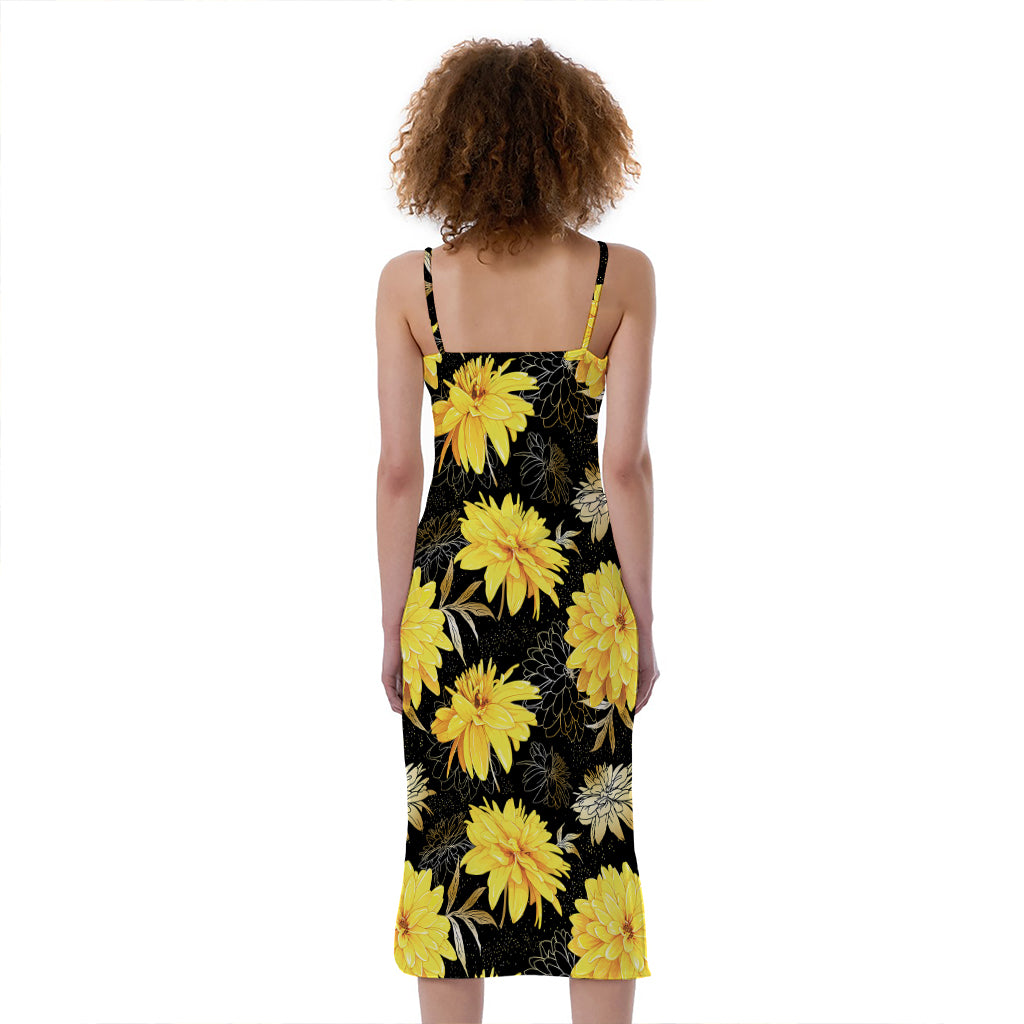 Gold And Yellow Floral Print Slim Fit Midi Cami Dress
