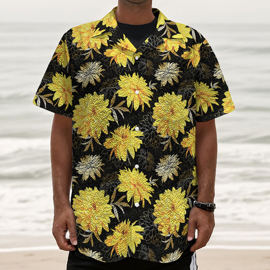 Gold And Yellow Floral Print Textured Short Sleeve Shirt