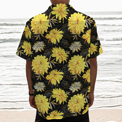 Gold And Yellow Floral Print Textured Short Sleeve Shirt