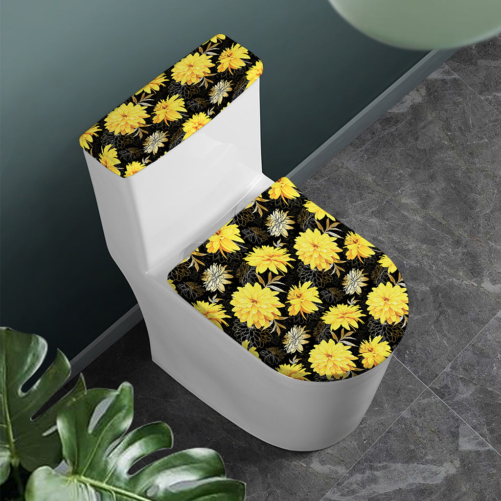 Gold And Yellow Floral Print Toilet Lid And Tank Cover Set