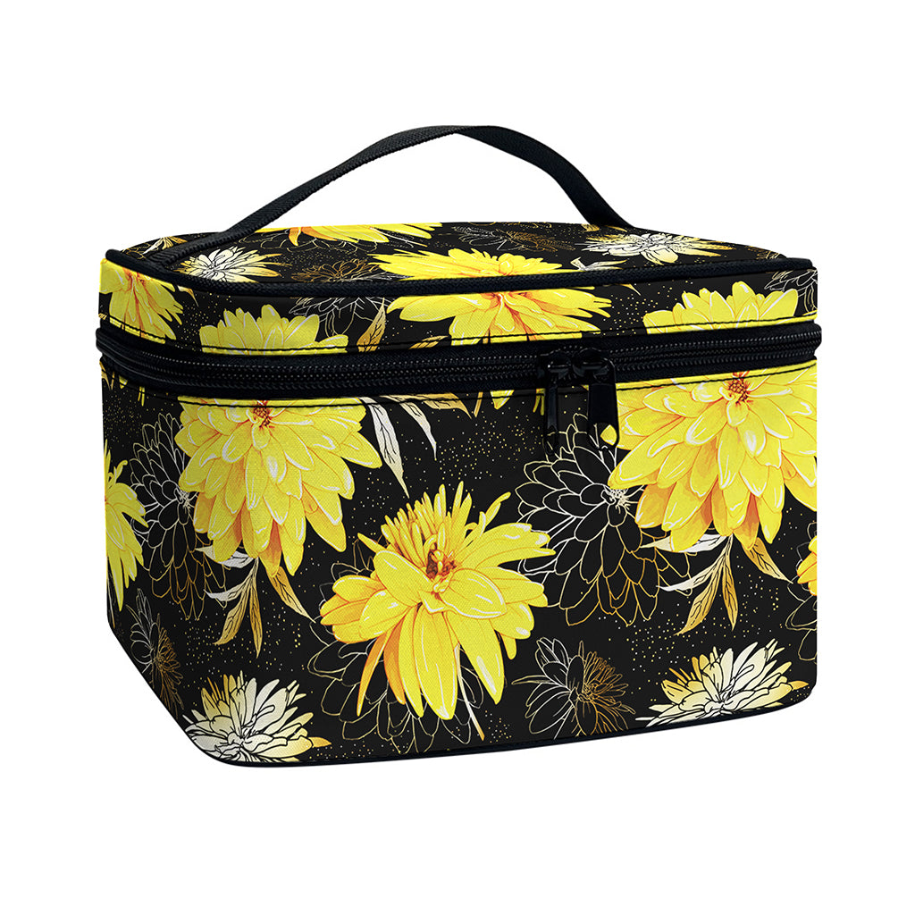 Gold And Yellow Floral Print Travel Makeup Bag
