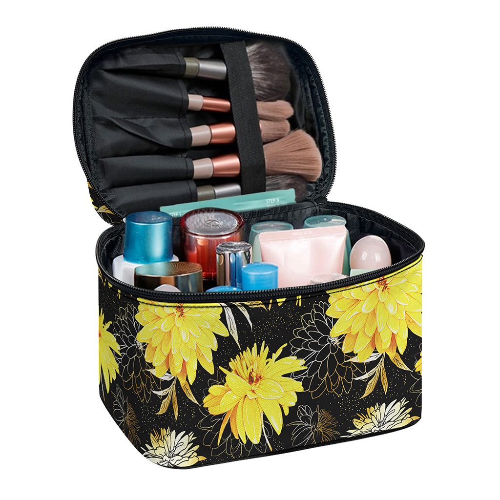 Gold And Yellow Floral Print Travel Makeup Bag