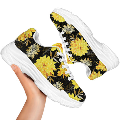 Gold And Yellow Floral Print White Chunky Shoes