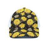 Gold And Yellow Floral Print White Mesh Trucker Cap