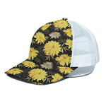 Gold And Yellow Floral Print White Mesh Trucker Cap