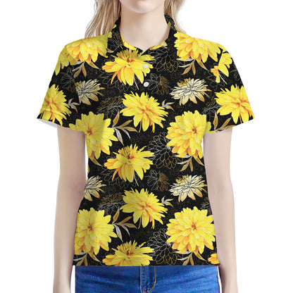 Gold And Yellow Floral Print Women's Polo Shirt