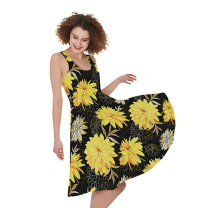Gold And Yellow Floral Print Women's Sleeveless Dress