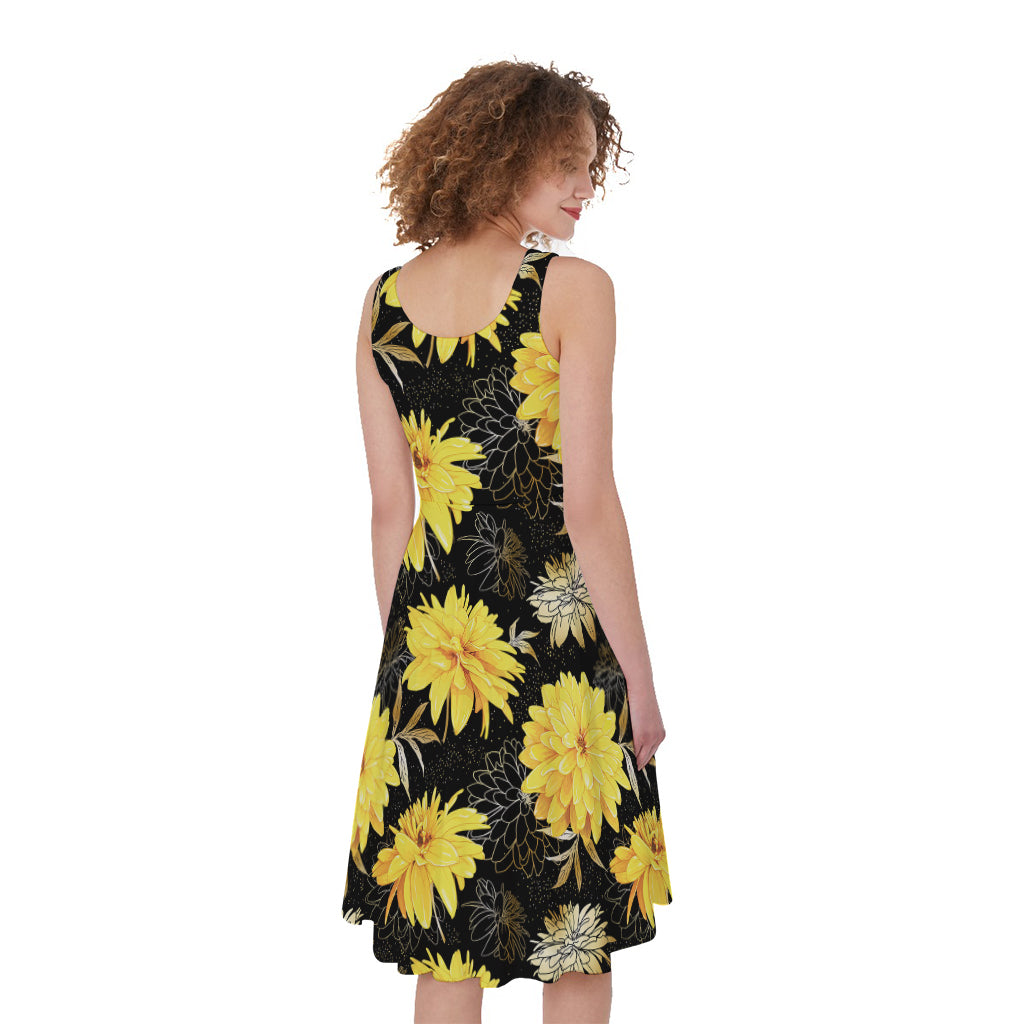 Gold And Yellow Floral Print Women's Sleeveless Dress