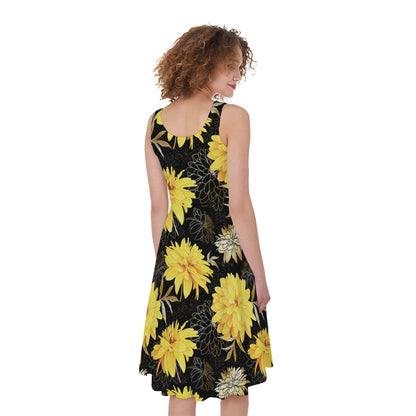 Gold And Yellow Floral Print Women's Sleeveless Dress