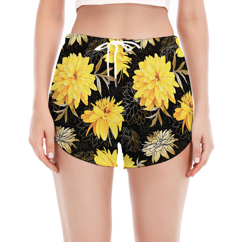 Gold And Yellow Floral Print Women's Split Running Shorts