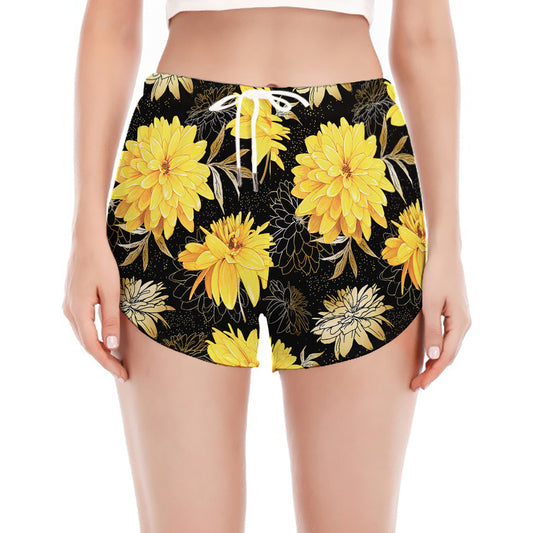 Gold And Yellow Floral Print Women's Split Running Shorts