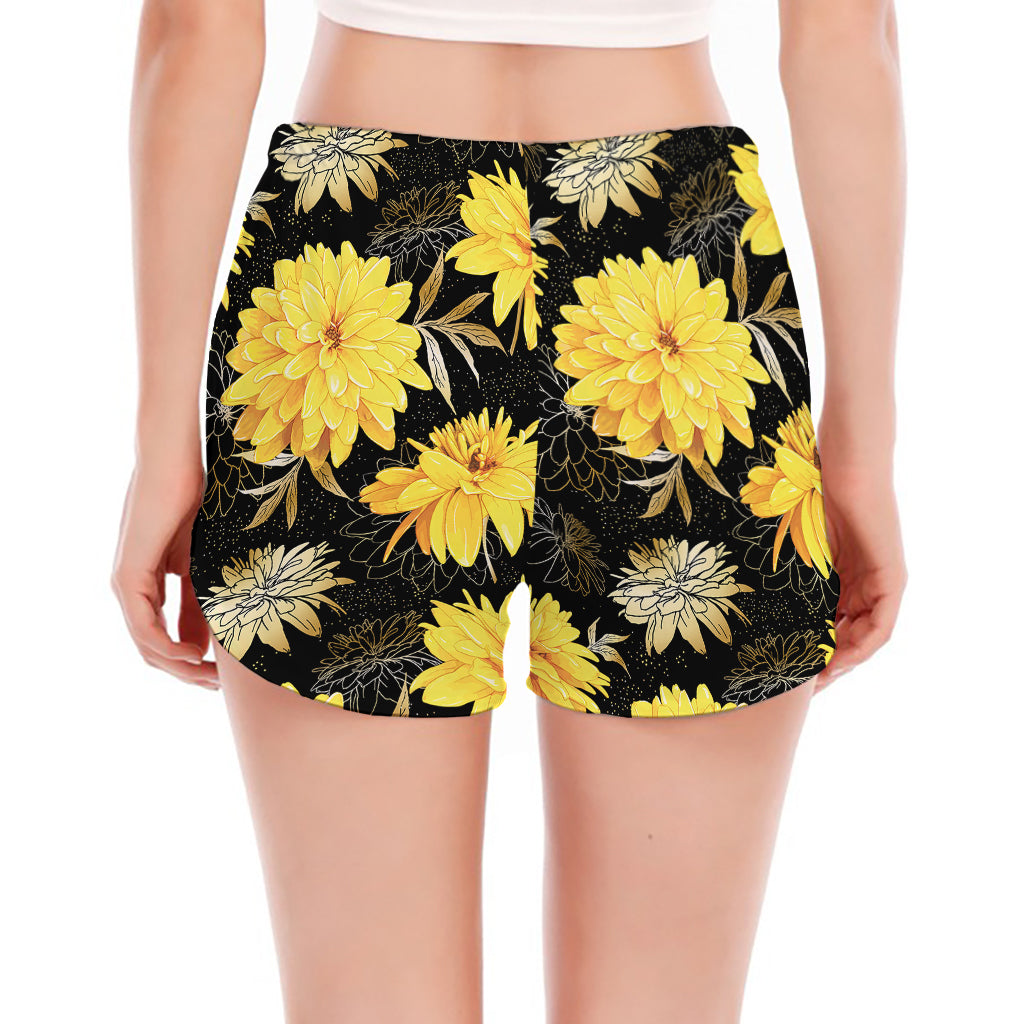 Gold And Yellow Floral Print Women's Split Running Shorts