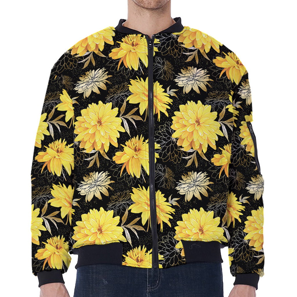 Gold And Yellow Floral Print Zip Sleeve Bomber Jacket