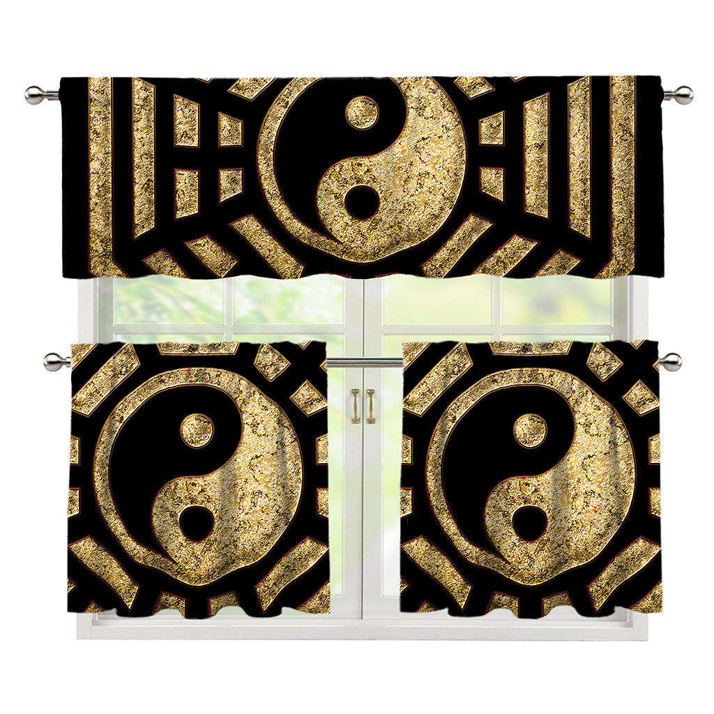 Gold Bagua Yin Yang Print 3 Piece Kitchen Curtains