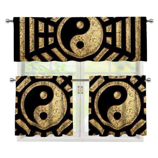 Gold Bagua Yin Yang Print 3 Piece Kitchen Curtains